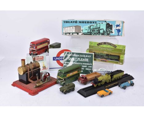 Mamod steam engine with Tinplate train set and diecast cars, comprising Mamod SE2a stationary boiler driving single speed fly