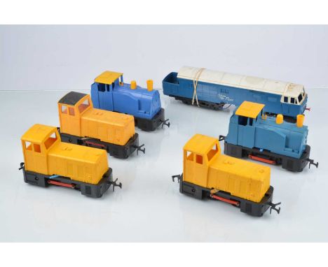 Tri-ang Big Big 0 Gauge Locomotives (7), yellow 0-4-0 Shunter (3), blue 0-4-0 Steam Tank Engine (2), F-VG, Blue Flier Hymek f