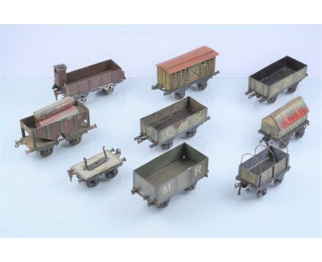 Vintage Gauge 1 Freight Stock by Bing and Marklin (10), short Bing wagons including lime wagon and continental-style 'tilt' w
