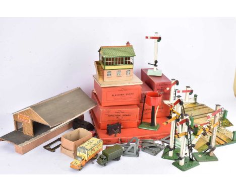 Hornby 0 Gauge Scenic Accessories (qty in 2 boxes), including boxed post-war turntable, two platform cranes (one VG, the othe
