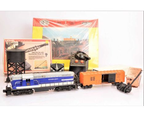 Lionel 0 Gauge Locomotive Rolling Stock Accessories and Controllers and Con Cor shed and Ahearn Kit, Wabash blue, grey and wh