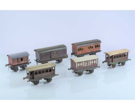 Vintage Gauge 1 Passenger Stock by Bing and Marklin (6), four early Bing coaches, comprising 6" long MR passenger brake van, 