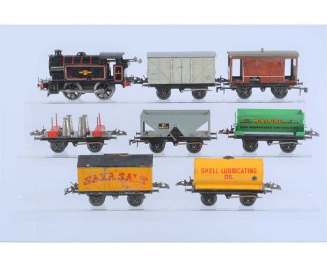 Hornby 0 Gauge clockwork Locomotive and assorted Stock (qty in 2 boxes), comprising No. 40 0-4-0T locomotive in BR black (lat