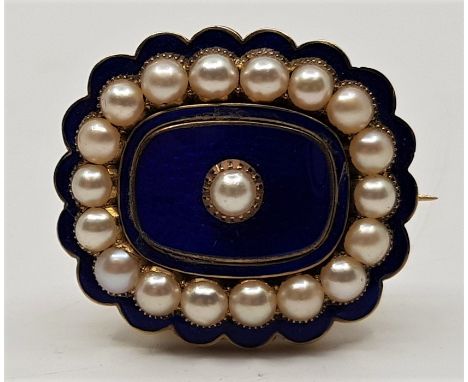 A 19th century precious yellow metal, indigo guilloche enamel and cultured pearl set mourning brooch, having central indigo g