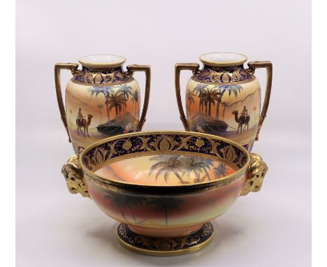 A Japanese porcelain Noritake bowl and similar pair of vases Good condition no damages 