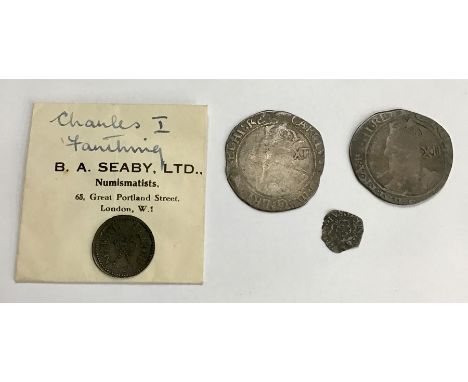 Charles I, 2 x Shillings mm Star and Triangle, Rose/Rose half Groat (clipped) and a Farthing mm Lis on obv (in original ticke