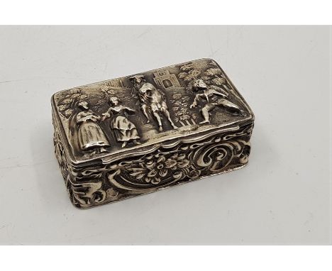 A late 19th century continental white metal snuff box, the lid repousse with figures in a rural village scene, (white metal a