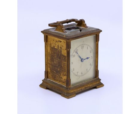 An unusual early 20th century Striking carriage clock with engraved scenes of London to the sides, and a further clock A.F Pr