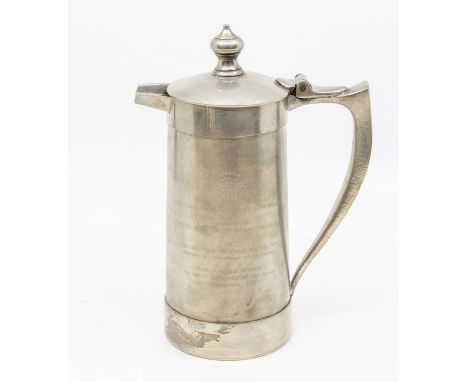 A presentation pewter beer jug and cover, the body with presentation inscription: ALL PARTY PARLIAMENTARY BEER GROUP  present