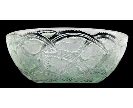 Lalique 'Pinson' bowl in clear, frosted and green glass. Diameter approx 23.5cm. Signed R Lalique to the base.Condition: No o