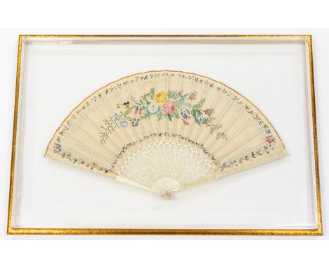 A Chinese export ivory-mounted painted fan, Qing dynasty 19th century,brightly painted in ink and colours to one side with an