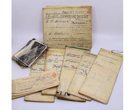 A vellum indenture and similar, postcards and old cheque stubs&nbsp;