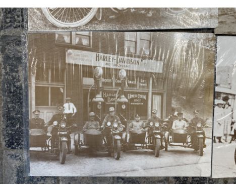 A selection of large scale sepia reprinted photographs of 1920s Harley Davidsons, including one image of four combinations ou