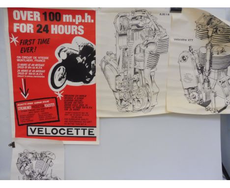 A Velocette advertising poster, produced to celebrate a Venom Clubman Veeline doing 100mph for 24 hours, 20 x 30", plus three