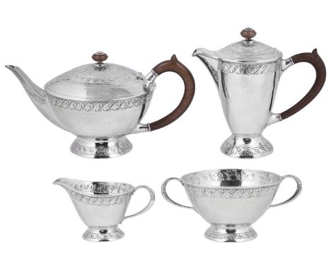 AN ARTS AND CRAFTS SILVER FOUR-PIECE TEA SET, LIBERTY &amp; CO. (CYMRIC) LTD., BIRMINGHAM, 1913 circular, hammer finished, ea