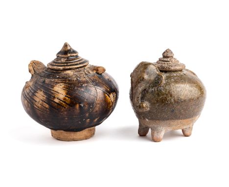 TWO KHMER LIDDED POTS, CAMBODIA, CIRCA 12TH CENTURY one in the form of a bird, with brown glaze and sgraffito decoration, the