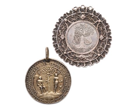 A SILVER-GILT RELIGIOUS MEDAL OF ADAM AND EVE, AFTER HANS REINHART (1501-1581), GERMAN, DATED 1551 initialled K B above the f