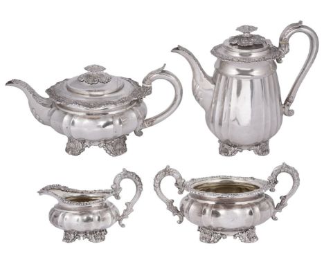 ˜A GEORGE IV SILVER TEA AND COFFEE SET, JOSEPH ANGELL, LONDON, 1823 / 1826 fluted compressed circular, each on four cast shel