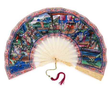 ˜A CHINESE IVORY "MANDARIN" (OR "THOUSAND FACES") FAN, CANTON, SECOND HALF 19TH CENTURY  with guards carved with figures amid