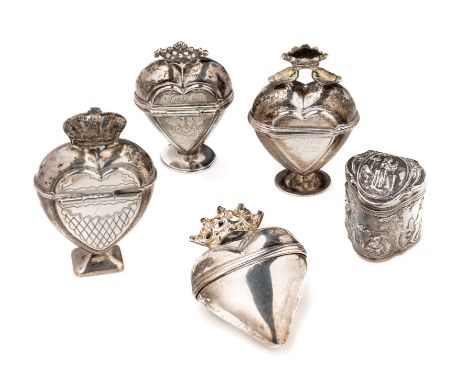 FOUR SCANDINAVIAN SILVER "HOVEDVANDSAEG" (VINAIGRETTES OR SPICE BOXES), PROBABLY DANISH, 18TH / 19TH CENTURY typical crown su