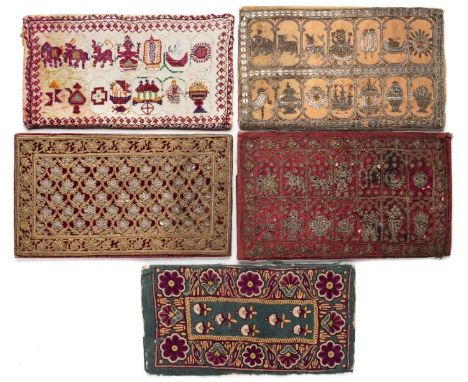 FIVE JAIN CLOTH MANUSCRIPT COVERS, GUJARAT, 19TH CENTURY each of rectangular form with smaller folding back flap, two with em