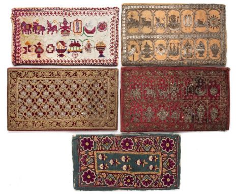 FIVE JAIN CLOTH MANUSCRIPT COVERS, GUJARAT, 19TH CENTURY each of rectangular form with smaller folding back flap, two with em