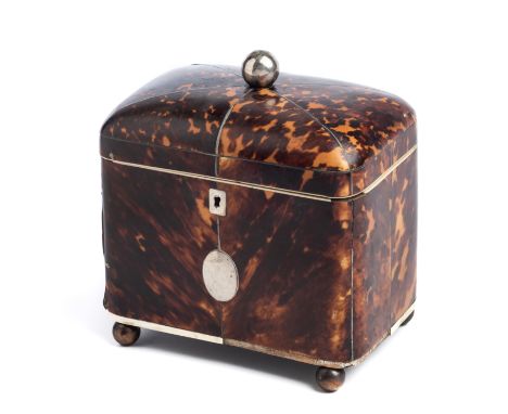 ˜[GP] A GEORGIAN TORTOISESHELL TEA CADDY, EARLY 19TH CENTURY rounded oblong, with ivory banding and silvered key escutcheon, 