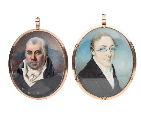 ˜A PORTRAIT MINIATURE OF A GENTLEMAN, ENGLISH SCHOOL, CIRCA 1800 with short grey hair, on ivory, glazed reverse with opalesce