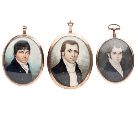 ˜THREE PORTRAIT MINIATURES OF GENTLEMEN, ENGLISH SCHOOL, CIRCA 1800-1810 all wearing dark coats and on ivory, gold frames wit