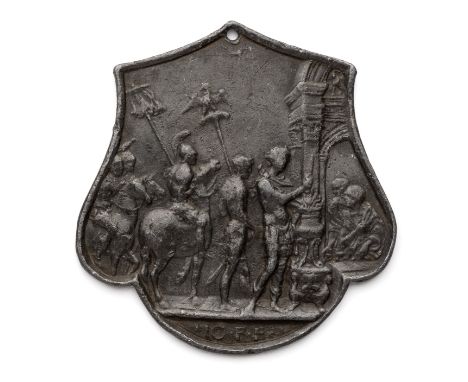 A LEAD PLAQUETTE OF MUCIUS SCAEVOLA, AFTER MASTER IO.F.F. shield shaped, Mucius Scaevola puts his hands in a brazier before a