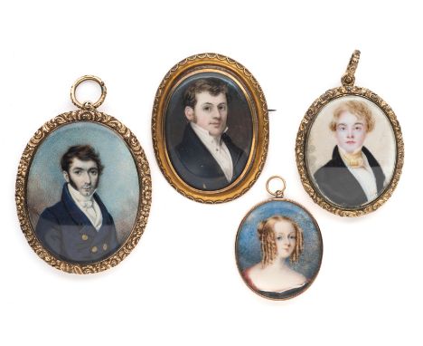 ˜FOUR PORTRAIT MINIATURES, ENGLISH SCHOOL, CIRCA 1815-1840 three of gentlemen in dark coats and one of a lady with hair in ri