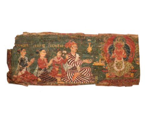 AN ILLUMINATED MANUSCRIPT FOLIO, NEPAL, 18TH CENTURY gouache with gold on paper, depicting a king with his son and consorts m