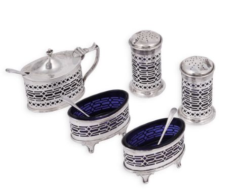 A CASED FIVE-PIECE SILVER CONDIMENT SET, HASELER &amp; BILL OF BIRMINGHAM, CHESTER, 1920/21 oval or cylindrical with geometri