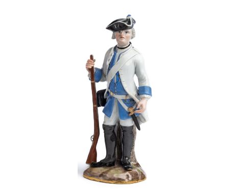 A MEISSEN FIGURE OF A SAXON MUSKETEER, MID 19TH CENTURY titled to underside "Regiment Churfürstin", modelled standing holding