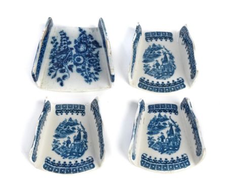 A SET OF THREE CAUGHLEY ASPARAGUS SERVERS, 1770s wedge shaped, printed in underglaze blue with the "Fisherman and Cormorant" 