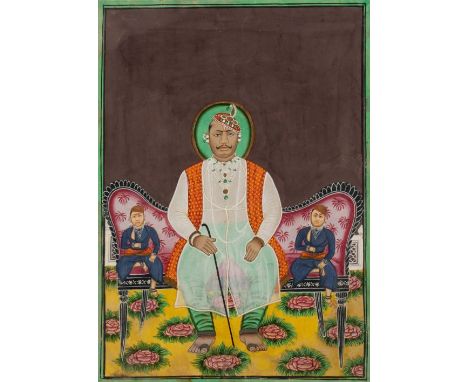 A PORTRAIT OF A MERCHANT AND HIS TWO SONS, RAJASTHAN, LATE 19TH CENTURY  gouache with gold on paper, seated on a European sty