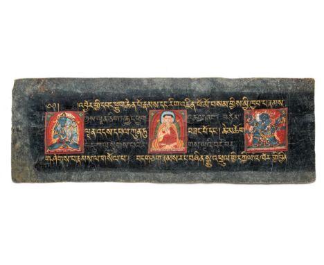 A FOLIO FROM A BUDDHIST MANUSCRIPT, TIBET, 13TH / 14TH CENTURY gouache and gold on paper, of long horizontal rectangular form