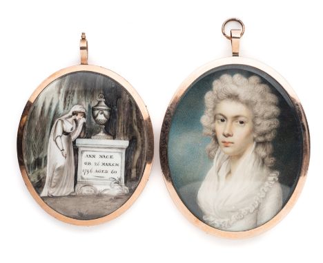 ˜A PORTRAIT MINIATURE OF A LADY, ENGLISH SCHOOL, CIRCA 1790 wearing a white dress, on ivory, the glazed reverse with plaited 