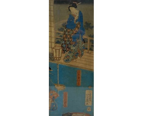 A JAPANESE WOODBLOCK PRINT, Ochiai Yoshiiku (1833-1904) depicting two courtesans at a teahouse, signed "Ikkeisai Yoshiiku", g