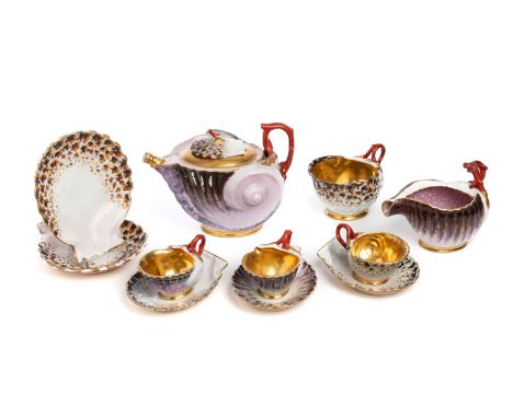 A PARIS PORCELAIN "NATURALISTIC" PART TEA SET, FLAMEN-FLEURY, SECOND QUARTER 19TH CENTURY shell moulded and with red coral ha