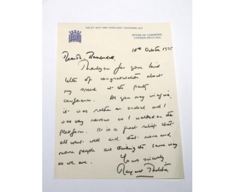 Thatcher (Margaret)  Autograph Letter Signed to 'Ms Baxandall' on her official headed House of Commons writing paper, 18th Oc