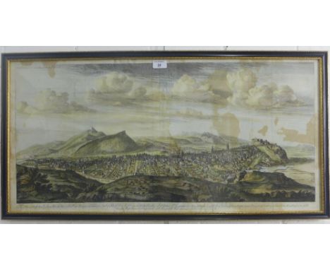 The Prospect of Edinburgh From Ye North, a framed colour engraved print, in a glazed Hogarth frame, size overall 90 x 46cm 
