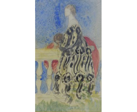 20th century school, sketch of a lady by a balustrade, apparently unsigned, in an ornate gilt frame under glass, 12 x 19cm 
