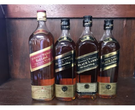 JOHNNIE WALKER BLACK LABEL AGED 12 YEARS (3) Blended Scotch Whisky 75cl, 43% volume. JOHNNIE WALKER RED LABEL- ONE LITRE Blen