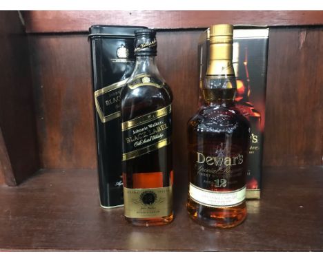 JOHNNIE WALKER BLACK LABEL AGED 12 YEARS Blended Scotch Whisky 75cl, 43% volume, in tin. DEWARS 12 YEARS OLD Blended Scotch W