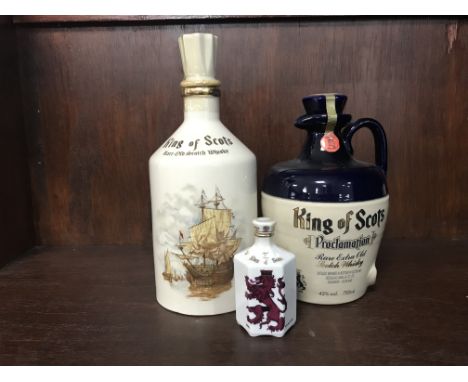 KING OF SCOTS PROCLOMATION FLAGON Blended Scotch Whisky 750ml, 43% volume, in carton. KING OF SCOTS RARE OLD Blended Scotch W