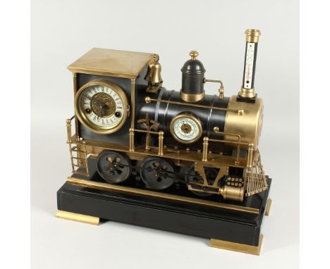 A GOOD STEAM ENGINE CLOCK with three dials, clock thermometer and barometer. 18ins high, 18ins wide
