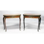 A SUPERB NEAR PAIR OF LINKE MODEL PARQUETRY CARD TABLES, with crossbanded folding tops, green