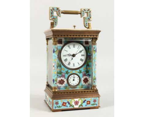 A LARGE CLOISONNE ENAMEL CARRIAGE CLOCK with strike action. 6.5ins high