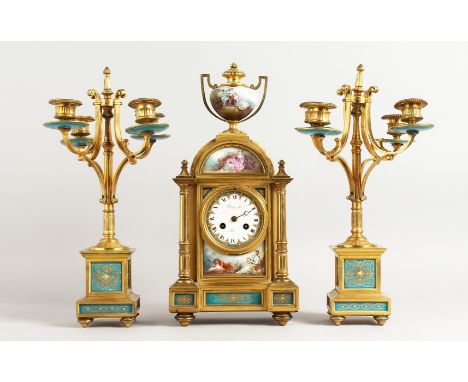 A SUPERB FRENCH 19TH CENTURY CLOCK GARNITURE by RAINGO FRES., PARIS, the clock striking on a single bell with urn finial and 